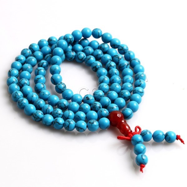 108 perles de Mala, Noir Veine Turquoise, avec cordon élastique en nylon & agate rouge, longueur différente pour le choix & bijoux bouddhiste & normes différentes pour le choix, 108PC/brin, Vendu par brin