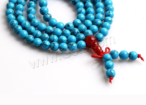 108 perles de Mala, Noir Veine Turquoise, avec cordon élastique en nylon & agate rouge, longueur différente pour le choix & bijoux bouddhiste & normes différentes pour le choix, 108PC/brin, Vendu par brin