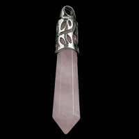 cuarzo rosado colgante, con metal, péndulo, chapado en color de platina, natural, 11x60x11mm, agujero:aproximado 4mm, Vendido por UD