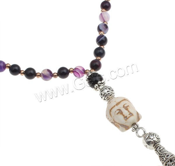 Buddhist Jewelry Necklace, Purple Agate, with Synthetic Coral & Brass & Zinc Alloy, Buddha, natural, 6.5mm, 15x20x9mm, Length:Approx 29 Inch, Sold By Strand