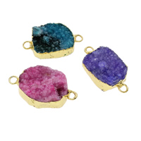 Ágata natural Druzy Conector, Ágata de cuarzo de hielo, con metal, chapado en color dorado, estilo druzy & mixto & 1/1 aro, 19x33x9mm-21x37x13mm, agujero:aproximado 3mm, 50PCs/Bolsa, Vendido por Bolsa