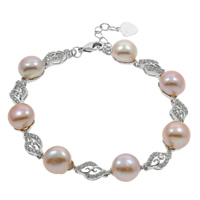 Pulsera de perla cultivada de agua dulce y cobre, Perlas cultivadas de agua dulce, con metal, con 3cm extender cadena, Botón, chapado en color de platina, micro arcilla de zirconia cúbica, Púrpura, 9-10mm, longitud:aproximado 6 Inch, Vendido por Sarta