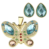 acier inoxydable parure de bijoux, pendentif & boucle d'oreille, avec verre, papillon, Placage de couleur d'or, facettes & avec strass  Environ Vendu par fixé