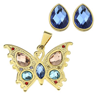 Stainless Steel Jewelry Set, pendant & earring, with Glass, Butterfly, gold color plated, faceted & with rhinestone  Approx 