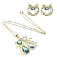 Edelstahl Mode Schmuckset, Ohrring & Halskette, mit Glas, Katze, goldfarben plattiert, Oval-Kette & facettierte & mit Strass, 43x42x5.5mm, 2mm, 14.5x14.5x14mm, Bohrung:ca. 4.5x8mm, Länge:ca. 19 ZollInch, verkauft von setzen