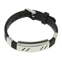 Silikon Edelstahl Armbänder, mit Silikon, einstellbar, schwarz, 38x15x6.5mm, 9x11x5mm, 10mm, Länge:ca. 9 ZollInch, verkauft von Strang