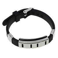 Silikon Edelstahl Armbänder, mit Silikon, einstellbar, schwarz, 38x15x6.5mm, 9x11x5mm, 10mm, Länge:ca. 9 ZollInch, verkauft von Strang