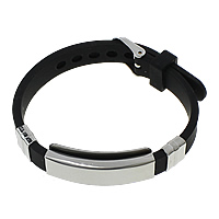 Silikon Edelstahl Armbänder, mit Silikon, einstellbar, schwarz, 38x15x6.5mm, 9x11x5mm, 10mm, Länge:ca. 9 ZollInch, verkauft von Strang