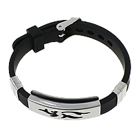 Silikon Edelstahl Armbänder, mit Silikon, einstellbar, schwarz, 38x15x6.5mm, 9x11x5mm, 10mm, Länge:ca. 9 ZollInch, verkauft von Strang