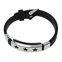 Silikon Edelstahl Armbänder, mit Silikon, einstellbar, schwarz, 38x15x6.5mm, 9x11x5mm, 10mm, Länge:ca. 9 ZollInch, verkauft von Strang