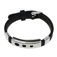 Silikon Edelstahl Armbänder, mit Silikon, einstellbar, schwarz, 38x15x6.5mm, 9x11x5mm, 10mm, Länge:ca. 9 ZollInch, verkauft von Strang