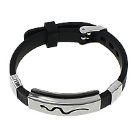 Silikon Edelstahl Armbänder, mit Silikon, einstellbar, schwarz, 38x15x6.5mm, 9x11x5mm, 10mm, Länge:ca. 9 ZollInch, verkauft von Strang