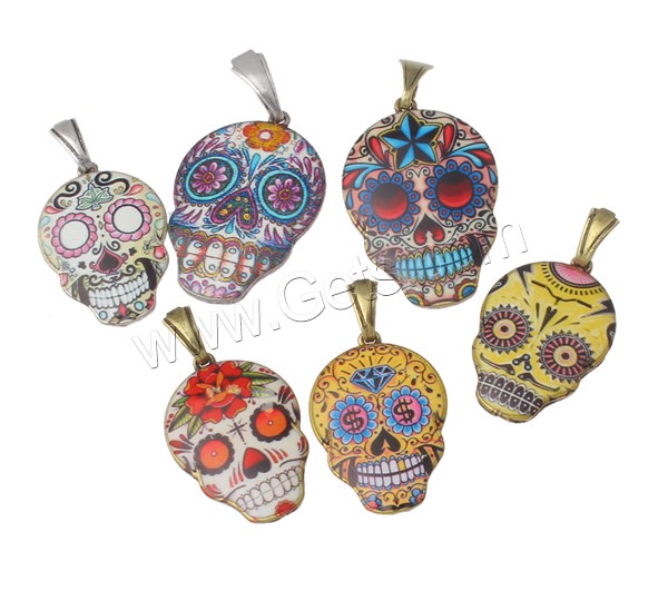 Colgantes de Aleación de Zinc en Forma Calavera, chapado, diverso tamaño para la opción & diferentes patrones para la opción & esmalte, libre de níquel, plomo & cadmio, 5PCs/Bolsa, Vendido por Bolsa