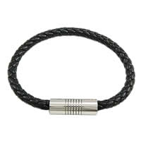 Men Bracelet, PU Leather, stainless steel magnetic clasp, black, 6mm 