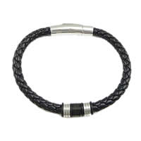 Los hombres de la pulsera y del brazalete, Cuero de PU, con acero inoxidable, chapado, Negro, 19x19mm, 6mm, longitud:8.5 Inch, Vendido por Sarta