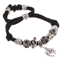 Mode Samt Seil Armbänder, Zinklegierung, mit Wollschnur, Herz, antik silberfarben plattiert, Armband  Bettelarmband & einstellbar & mit Strass, schwarz, frei von Nickel, Blei & Kadmium, 8x11mm, 9x18x7mm, Länge:ca. 7.5 ZollInch, verkauft von Strang