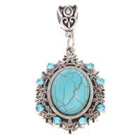 Turquoise Zinc Alloy Pendants, with turquoise, Flat Oval, antique silver color plated, with rhinestone, nickel, lead & cadmium free Approx 