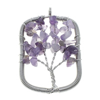 Natürlicher Quarz Anhänger, Amethyst, mit Messing, Rechteck, Platinfarbe platiniert, Februar Birthstone, 36-37x55-56x8-10mm, Bohrung:ca. 4.5mm, verkauft von PC