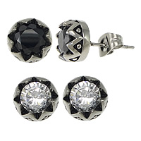 Stainless Steel Cubic Zirconia Stud Earring, Flat Round, with cubic zirconia & blacken 