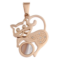 Pendentifs d'animaux en acier inoxydable , avec coquille d'eau douce, chat, Plaqué de couleur d'or rose, avec strass Environ Vendu par PC