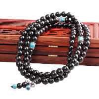 108 perles de Mala, black Sandalwood, avec fil élastique & turquoise synthétique & alliage de zinc, Plaqué de couleur d'argent, bijoux bouddhiste & normes différentes pour le choix & 4 brins Vendu par brin