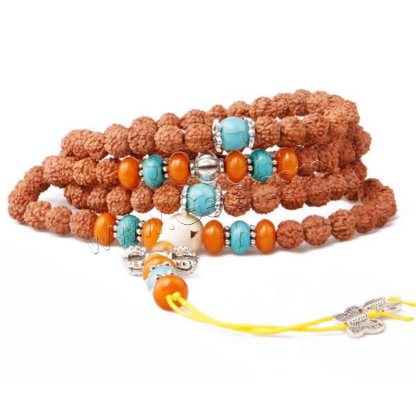 108 Perlen Mala, Rudraksha, mit elastischer Faden & Nylonschnur & Synthetische Türkis & Harz, antik silberfarben plattiert, buddhistischer Schmuck & verschiedene Größen vorhanden & 4-Strang, 10mm, 108PCs/Strang, verkauft von Strang