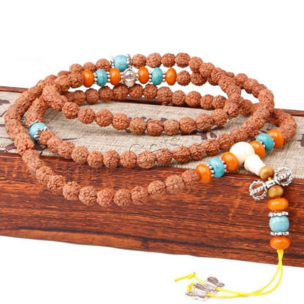 108 Perlen Mala, Rudraksha, mit elastischer Faden & Nylonschnur & Synthetische Türkis & Harz, antik silberfarben plattiert, buddhistischer Schmuck & verschiedene Größen vorhanden & 4-Strang, 10mm, 108PCs/Strang, verkauft von Strang