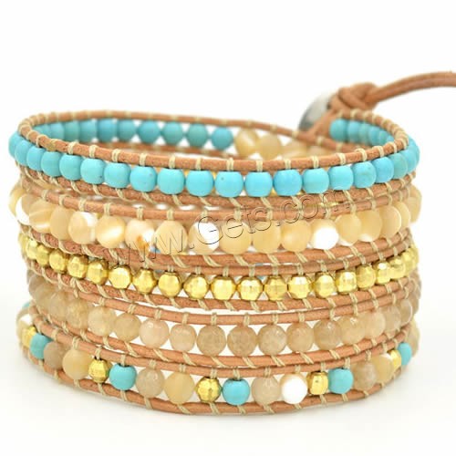 Pulseras de abrigo, Cuero de vaca, con Turquesa sintético & Concha de agua dulce & aleación de zinc, acero inoxidable cierre, chapado en color dorado, ajustable & 5-aro, 4mm, longitud:aproximado 33.5-37 Inch, Vendido por Sarta