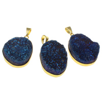 Cuarzo natural Druzy Colgantes, con Fianza de Latón, Óvalo, chapado en color dorado, azul, 14-47mm, agujero:aproximado 10x6mm, Vendido por UD