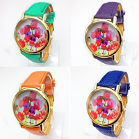 Women Wrist Watch, Zinc Alloy, with PU Leather & Glass, Chinese movement, plated, adjustable & with flower pattern & for woman 20mm Approx 9 Inch 