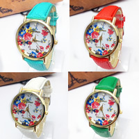 Women Wrist Watch, Zinc Alloy, with PU Leather & Glass, Chinese movement, plated, adjustable & with flower pattern & for woman & with rhinestone 20mm Approx 9 Inch 