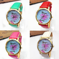 Women Wrist Watch, Zinc Alloy, with PU Leather & Glass, Chinese movement, plated, adjustable & with flower pattern & for woman 20mm Approx 9 Inch 