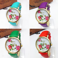 Women Wrist Watch, Zinc Alloy, with PU Leather & Glass, Chinese movement, plated, adjustable & with flower pattern & for woman & with rhinestone 20mm Approx 9 Inch 