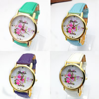 Women Wrist Watch, Zinc Alloy, with PU Leather & Glass, Chinese movement, plated, adjustable & with flower pattern & for woman 20mm Approx 9 Inch 