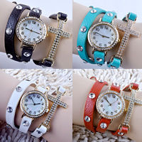 Reloj Wrap, aleación de zinc, con Cuero de PU & Vidrio, movimiento chino, Cruces, chapado en color dorado, con el perno prisionero del remache & ajustable & para mujer & 3-aro & con diamantes de imitación, más colores para la opción, 25x11mm, longitud:aproximado 22.8 Inch, Vendido por Sarta