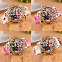 Women Wrist Watch, Zinc Alloy, with PU Leather & Glass, Chinese movement, plated, adjustable & with flower pattern & for woman & with rhinestone 40mm, 20mm Approx 9.4 Inch 