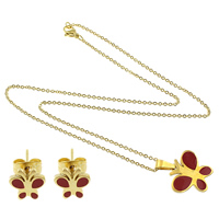 Ensembles de bijoux en acier inoxydable émaillé, boucle d'oreille & collier, papillon, Placage de couleur d'or, chaîne ovale, rouge   Environ 18 pouce, Vendu par fixé