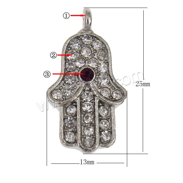Кулун Хамсаиз цинкового сплава , цинковый сплав, Другое покрытие, Ислам ювелирные изделия & со стразами, Много цветов для выбора, не содержит никель, свинец, 13x25x3mm, отверстие:Приблизительно 2mm, продается PC