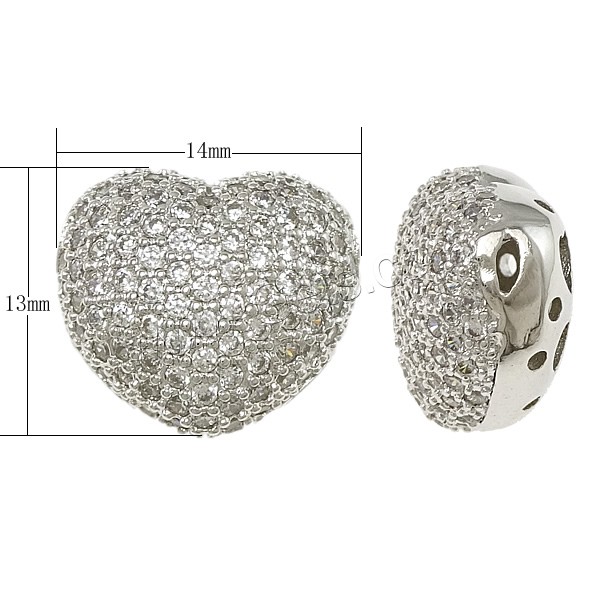 Rhinestone Brass Beads, Heart, plated, micro pave rhinestone & hollow, more colors for choice, 14x13x8.54mm, Hole:Approx 2x1mm, Sold By PC