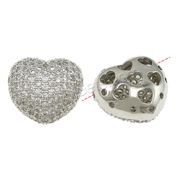 Rhinestone Brass Beads, Heart, plated, micro pave rhinestone & hollow, more colors for choice, 14x13x8.54mm, Hole:Approx 2x1mm, Sold By PC