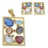 Bijoux strass en acier inoxydable Set, pendentif & boucle d'oreille, avec verre, rectangle, Placage de couleur d'or, facettes & avec strass  Environ Vendu par fixé