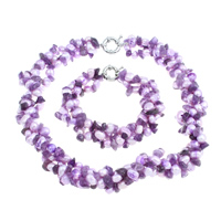 Natürliche Süßwasser Perlen Schmuck Sets, Natürliche kultivierte Süßwasserperlen, Armband & Halskette, mit Amethyst, Messing Federring Verschluss, Februar Birthstone, hellviolett, 6-7mm, Länge:7.5-16.5 ZollInch, verkauft von setzen