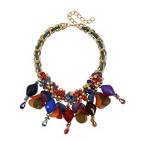 Collier de déclaration de mode, Acrylique, avec chaîne de fer & corde de laine & alliage de zinc, avec 10cm chaînes de rallonge, Placage de couleur d'or, chaîne de torsion ovale & facettes, 90mm Environ 17.5 pouce, Vendu par brin