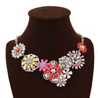 Collier de déclaration de mode, alliage de zinc, avec chaîne de fer & Acrylique, avec 7cm chaînes de rallonge, fleur, Placage de couleur d'or, chaîne Rolo & facettes & avec strass, multicolore, protéger l'environnement, sans nickel, plomb et cadmium Environ 17.5 pouce, Vendu par brin