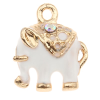 Colgantes Animales de Aleación de Zinc, Elefante, chapado en color dorado, esmalte & con diamantes de imitación, Blanco, 14x17x5mm, agujero:aproximado 1mm, Vendido por UD