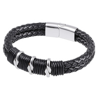 Los hombres de la pulsera y del brazalete, Cuero de vaca, con acero inoxidable, para hombre, 6mm, longitud:aproximado 8.6 Inch, Vendido por Sarta