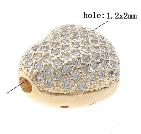 Cubic Zirconia Micro Pave Brass Beads, Heart, plated, micro pave cubic zirconia & hollow, more colors for choice, 14x12.5x9mm, Hole:Approx 1.2x2mm, Sold By PC