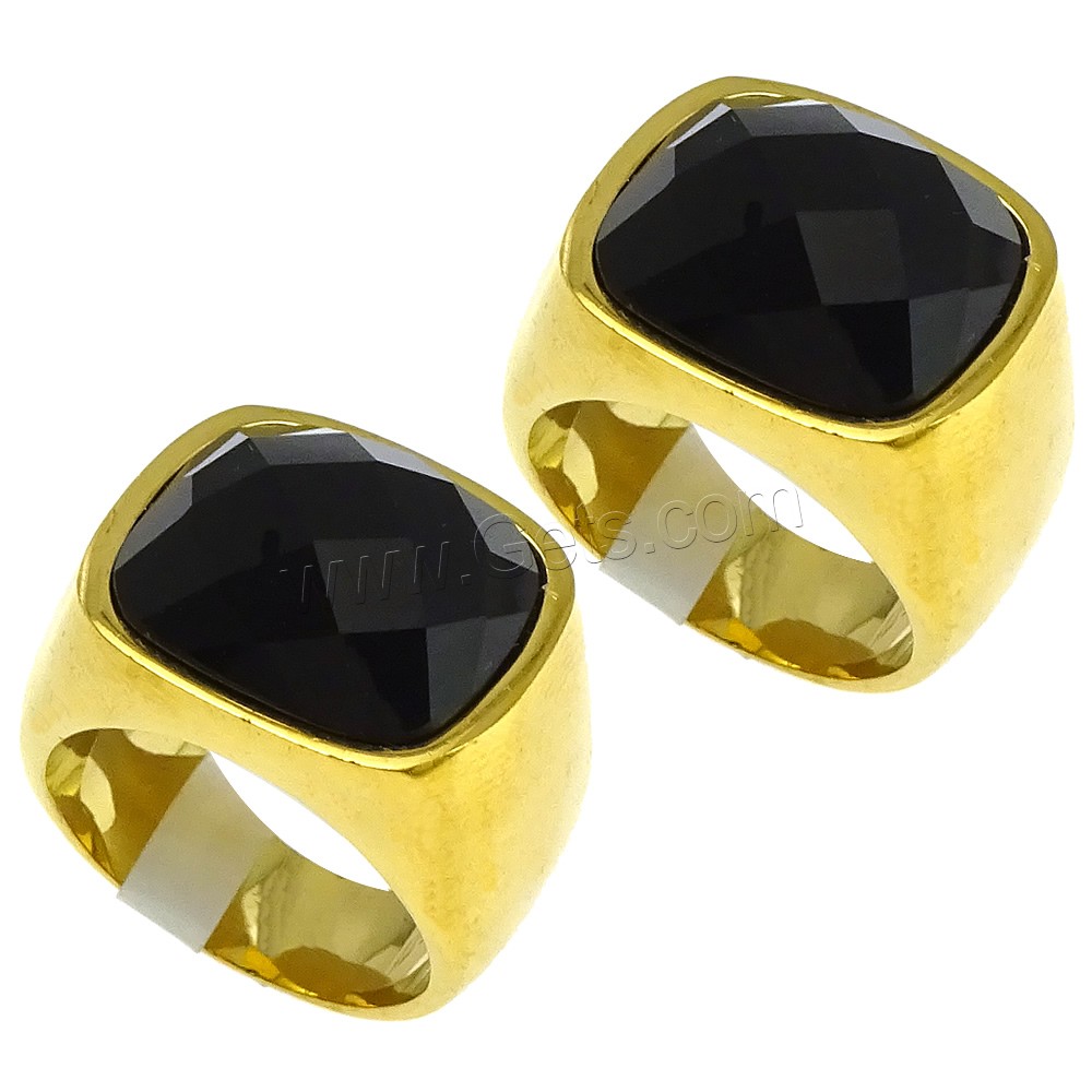 Stainless Steel Finger Ring, with Glass, gold color plated, different size for choice & faceted, black, 16mm, Sold By PC