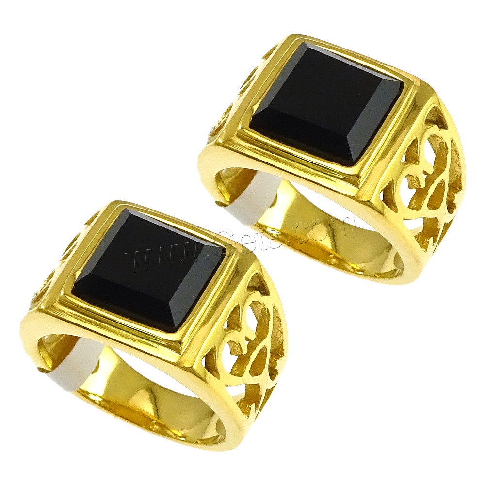 Stainless Steel Finger Ring, with Glass, gold color plated, different size for choice & faceted & hollow, black, 14mm, Sold By PC