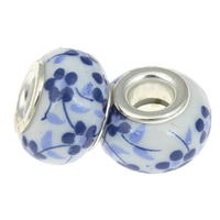 Brass Core European Porcelain Beads, porcelaine, rondelle, Placage de couleur platine, impression & avec le motif de fleurs & noyau double en laiton sans filetage, bleu Environ 4mm Vendu par sac